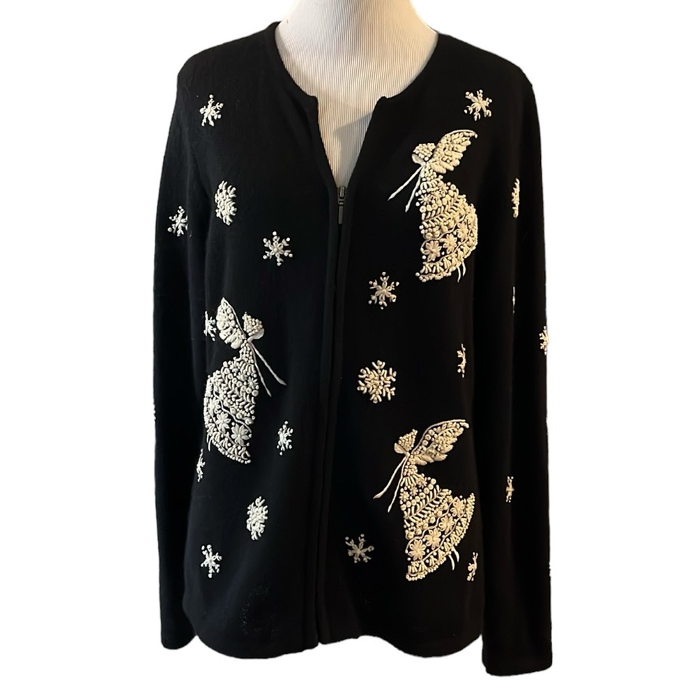 TALBOTS WOOL BLEND ANGEL SNOWFLAKE EMBROIDERED CARDIGAN SWEATER BLK SIZE SMALL